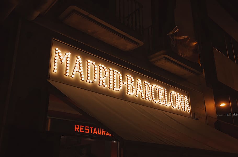 barcelona, spain, lights, night, sign, madrid, lightbulbs, city HD wallpaper