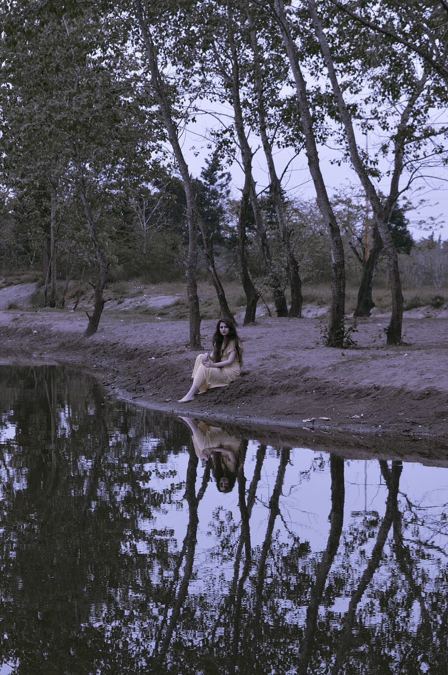 puddle, tree, plant, nature, water, sitting, gloomy, woman HD wallpaper