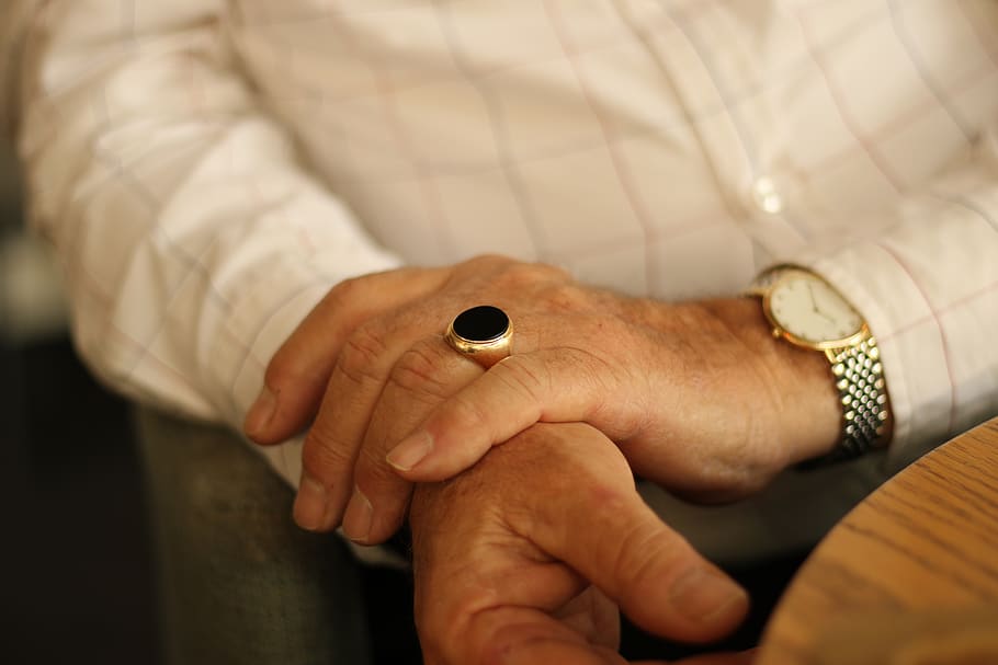 hands, male, ring, watch, sitting, human hand, human body part HD wallpaper