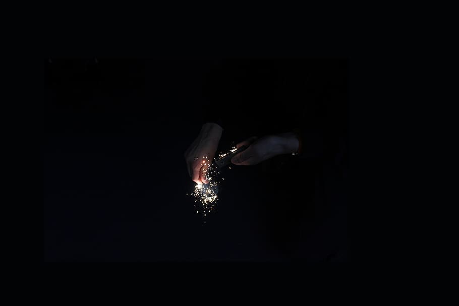 dark, night, hand, sparkler, light, flame, black background HD wallpaper