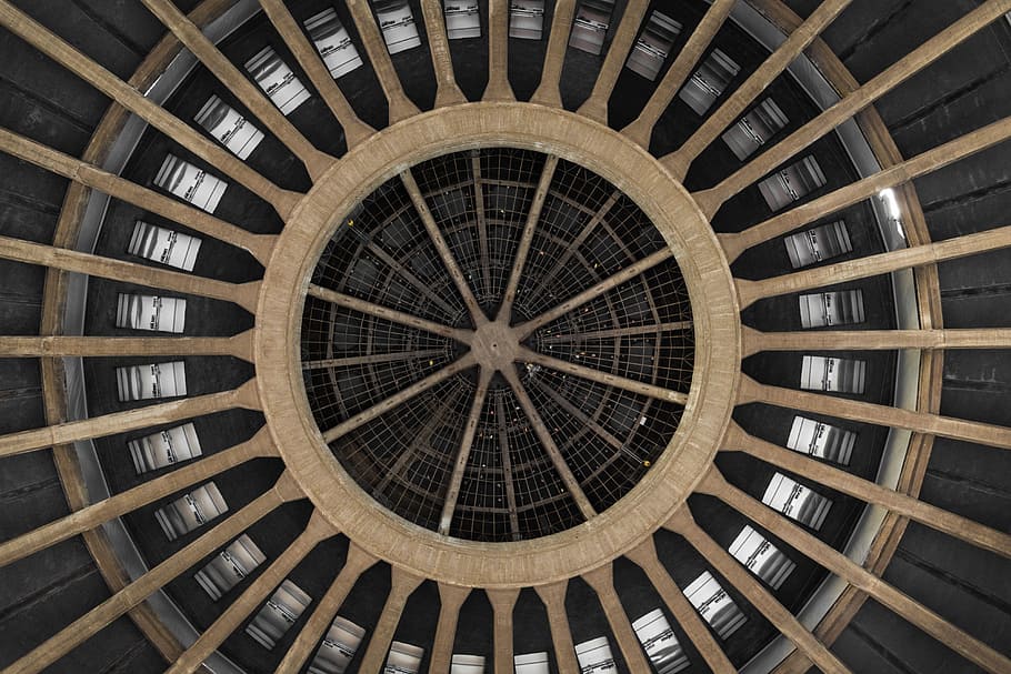 round brown structural ceiling, building, abstract, looking up HD wallpaper
