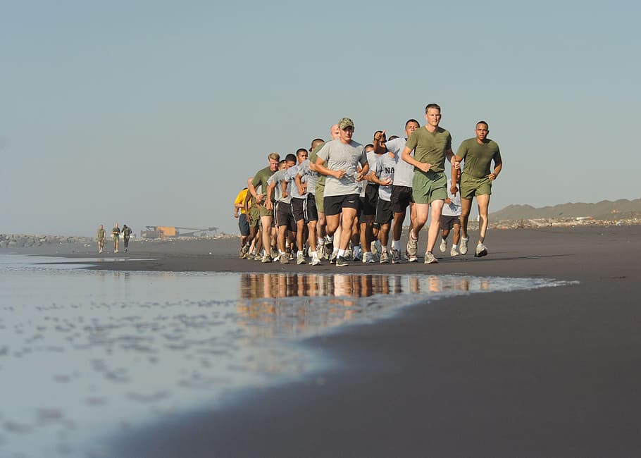 beach, shore, running, exercise, military, training, water HD wallpaper