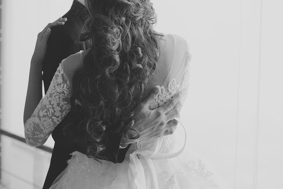 Photo Of Man Hugging Woman, adults, black-and-white, couple, curly hair, HD wallpaper