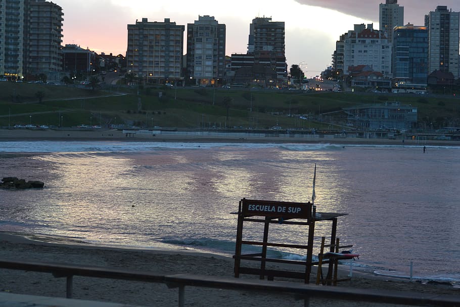 mar del plata, argentina, atardecer, sunset, surf school, ocean, HD wallpaper