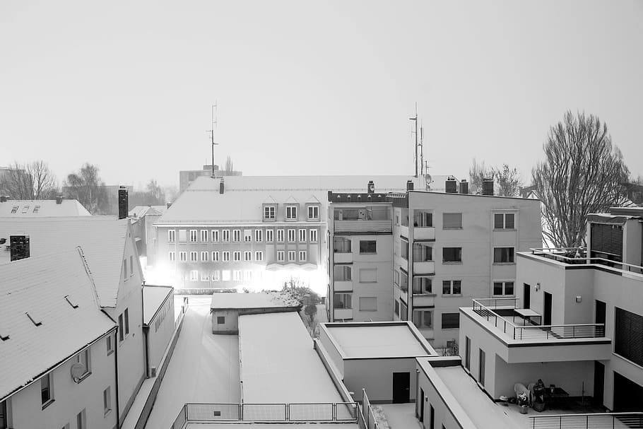architecture, building, infrastructure, rooftop, village, black and white HD wallpaper