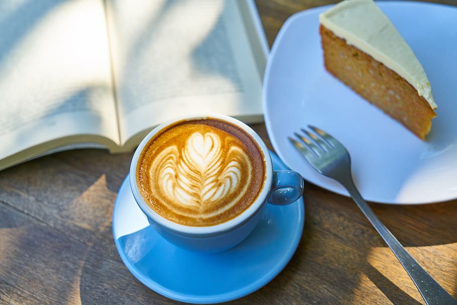 coffee, cake, book, read, work, break, calm, relax, sweet, food HD wallpaper