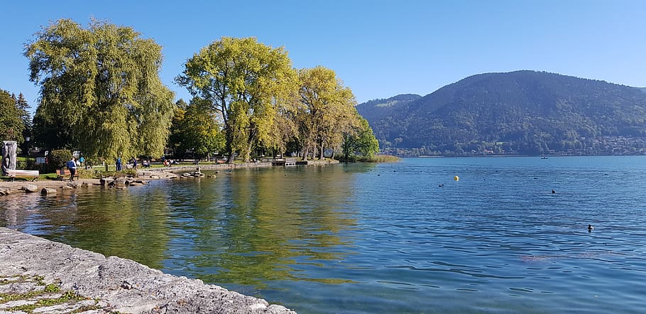 lake, tegernsee, bavaria, vacations, water, tree, plant, mountain HD wallpaper