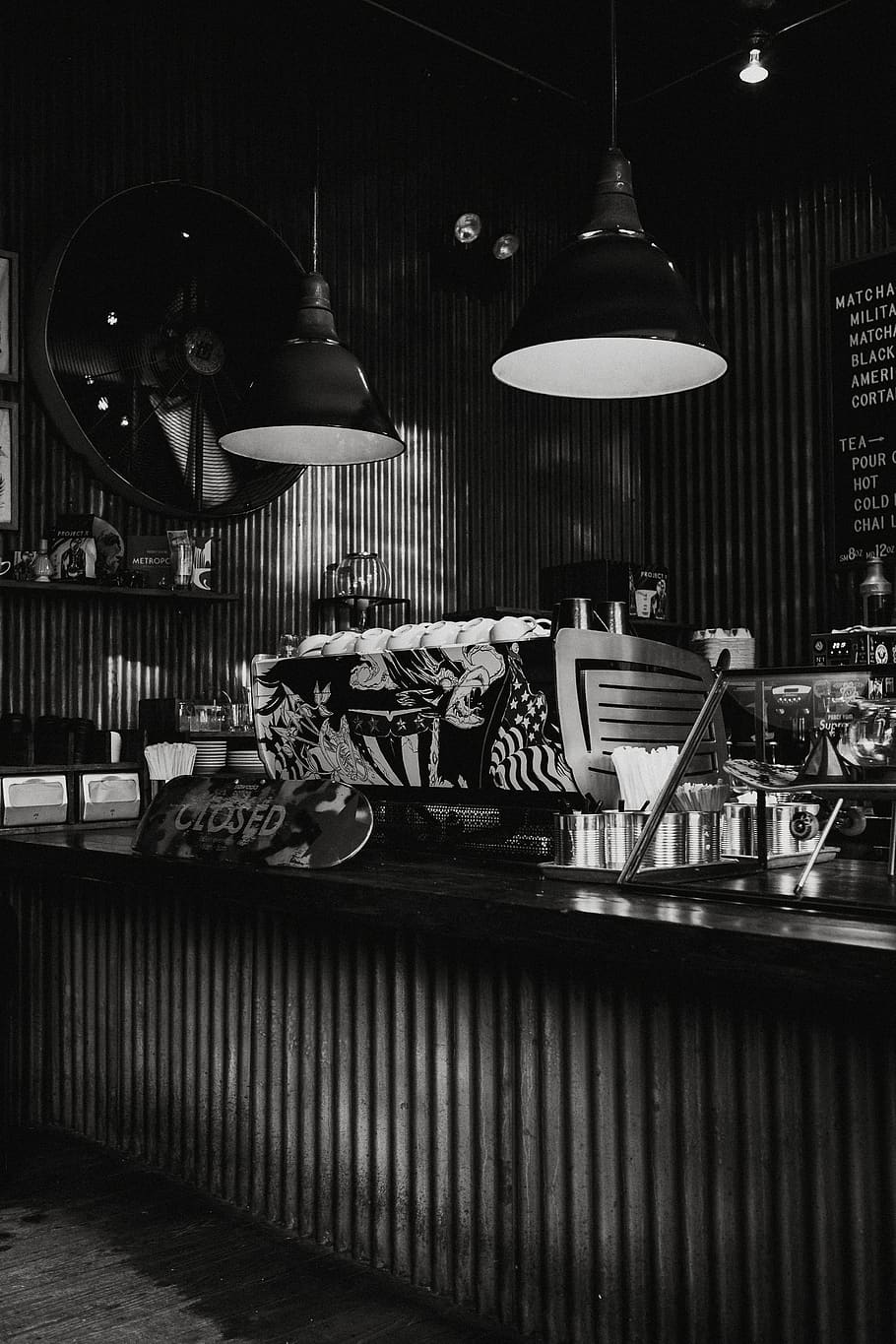 grayscale photography of store, restaurant, food, meal, cafe