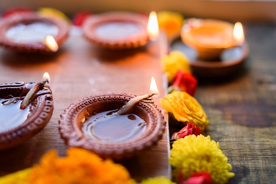 several lit oil lamps, diwali, food, sweets, confectionery, light, HD wallpaper