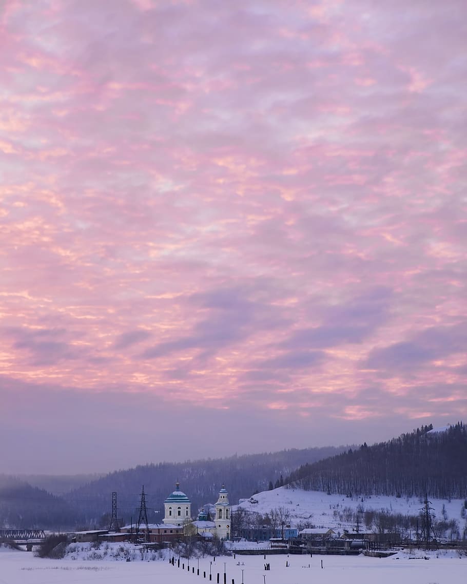 pink, winter, sky, cathedral, scene, snow, morning, cloud - sky HD wallpaper