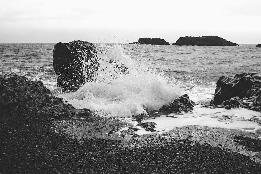 iceland, vik, sea, waves, beach, black and white, water, motion HD wallpaper