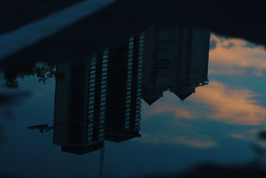 Upside Down Buildings, architecture, dark, dusk, evening, light HD wallpaper