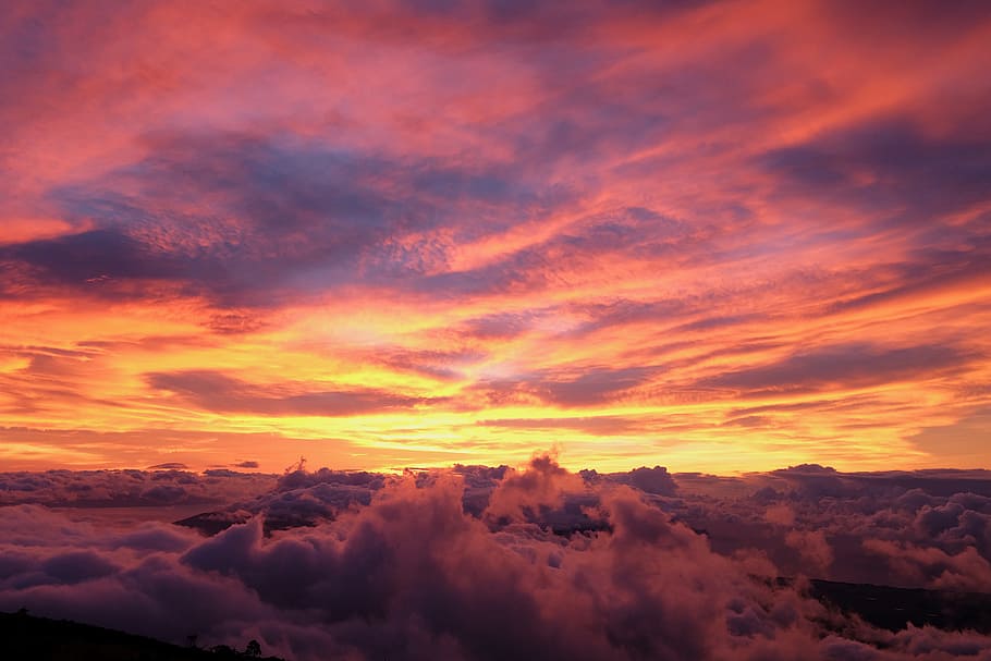 sunset covered by clouds, dramatic, color, colour, orange, sky HD wallpaper