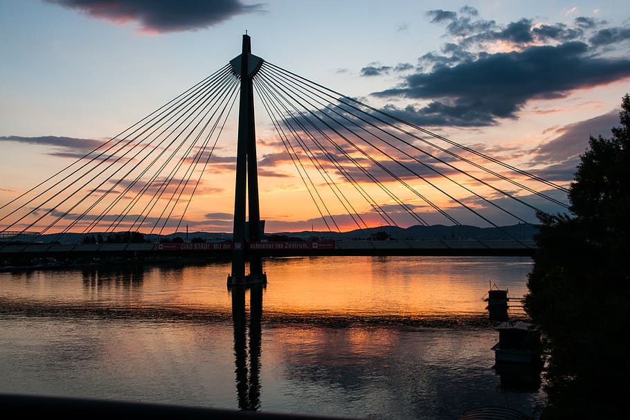 bridge, sunset, river, architecture, water, dusk, twilight HD wallpaper