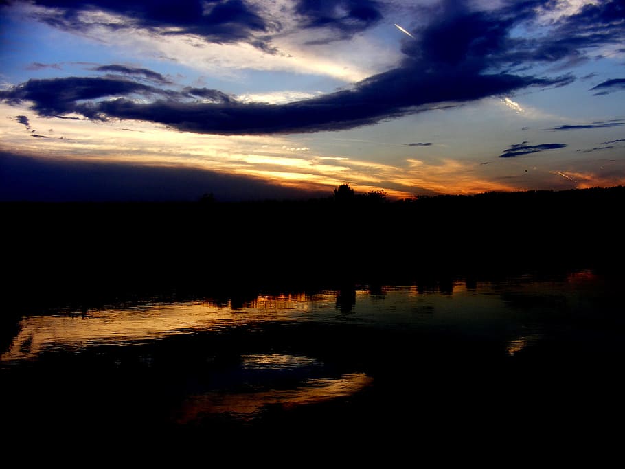 view, nature, water, flow, river, sunset, dark, eve, evening HD wallpaper