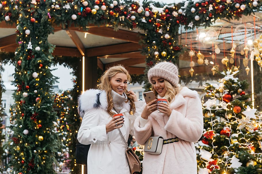 Two Women Near Christmas Decorations, beautiful, celebration, HD wallpaper