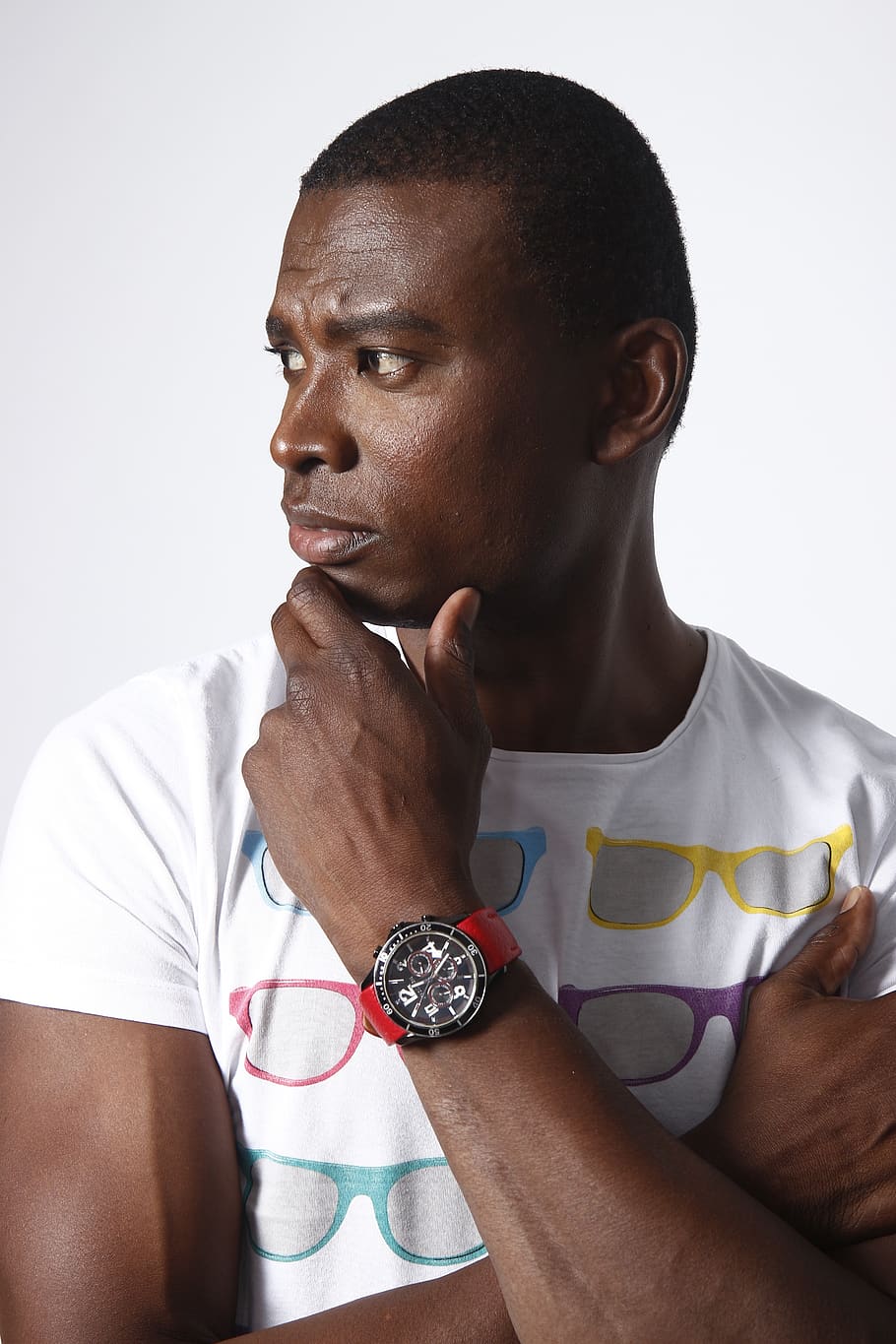 Man With White Crewneck T-shirt, model, person, serious, one person HD wallpaper