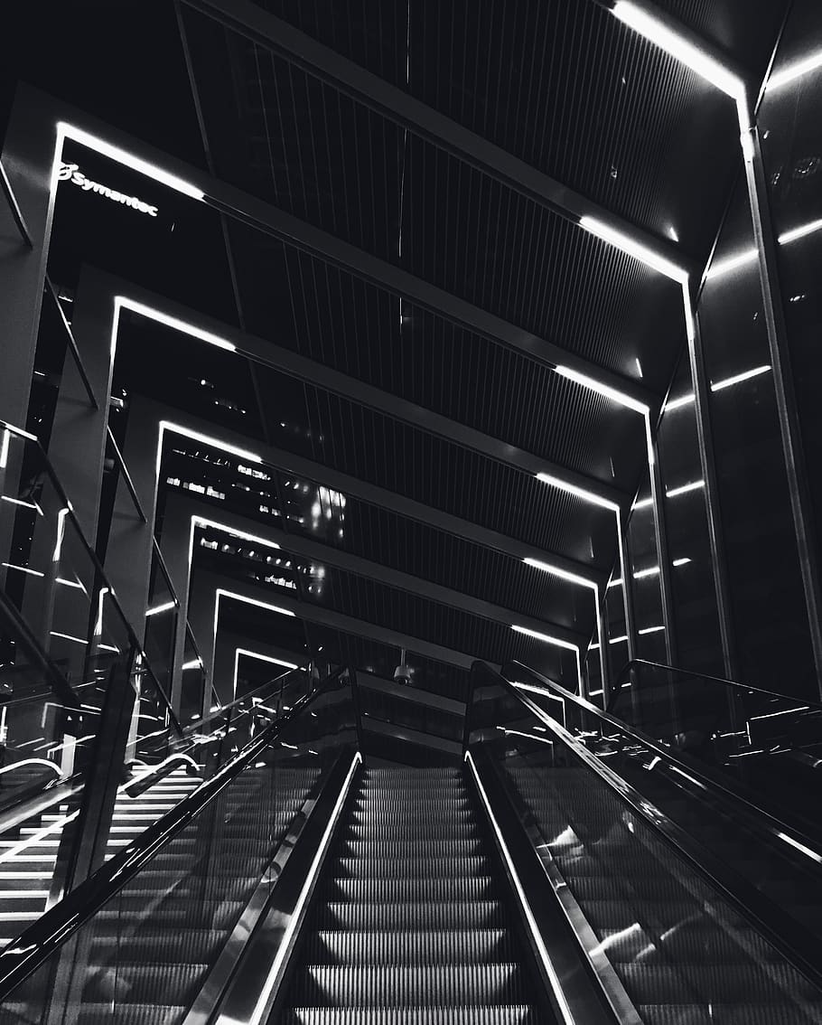 grayscale photography of elevator, banister, handrail, lighting, HD wallpaper
