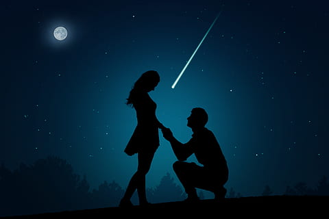manipulation, silhouette, romantic, love, couple, moon, stars HD wallpaper