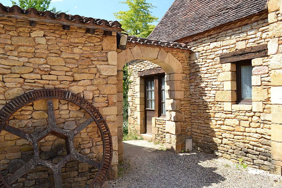 stone portal, wheel, stone wall, wheel metal, bournat, dordogne, HD wallpaper