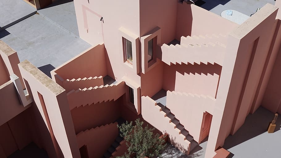 pink concrete building, housing, architecture, monastery, condo HD wallpaper