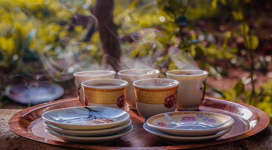 Cups and Saucers on Round Brown Tray, bowl, breakfast, coffee HD wallpaper