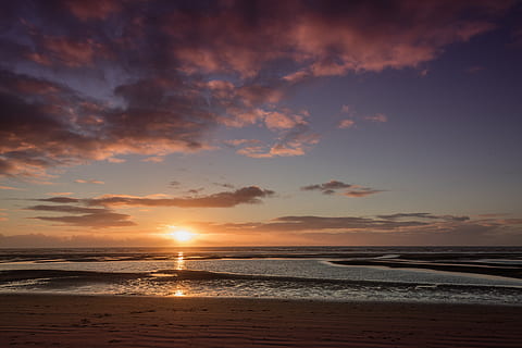 sun, sea, beach, sand, sunset, landscape, seascape, coastal HD wallpaper