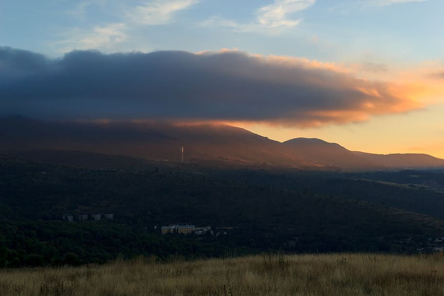 spain, dusk, sky, blue sky, orange, cloud, orange cloud, tower HD wallpaper