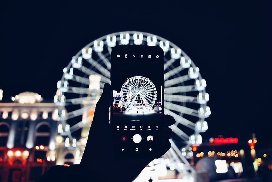 lighted ferris wheel at night, architecture, illuminated, amusement park ride HD wallpaper