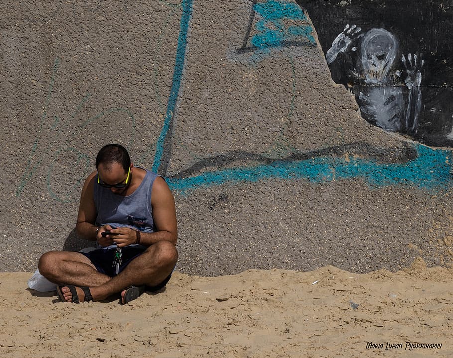israel, tel aviv-yafo, beach, graffitty, one person, sitting, HD wallpaper