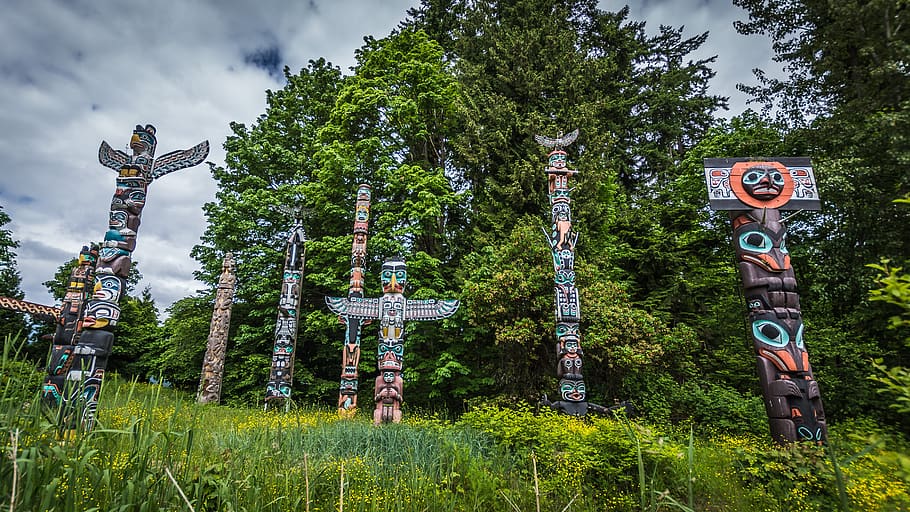 vancouver, canada, stanley park, religion, totem pole, green, HD wallpaper