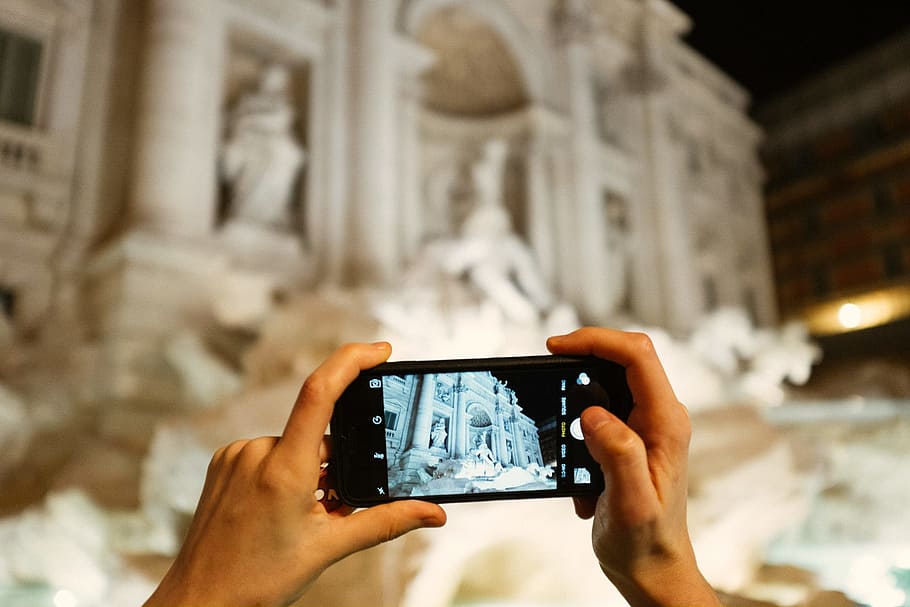 Taking a photo of Trevi Fountain, ancient, architecture, background, HD wallpaper