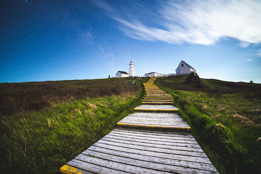grey concrete pathway between green grass, step, lighthouse, architecture HD wallpaper
