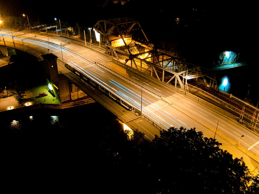 Grey Road during Nighttime, architecture, bridge, light streaks HD wallpaper