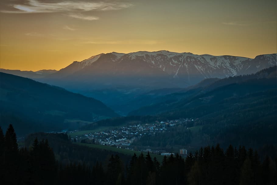 landscape, sunset, mountains, nature, village, scenics - nature HD wallpaper