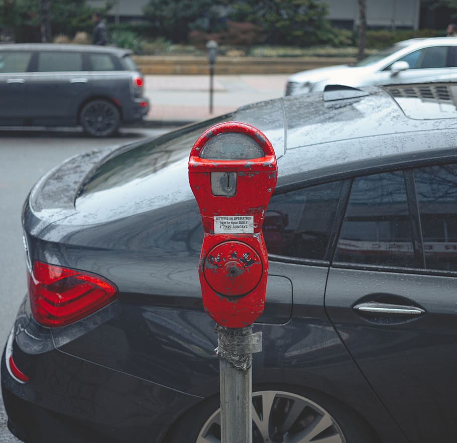 red and gray parking meter, car, automobile, transportation, vehicle HD wallpaper