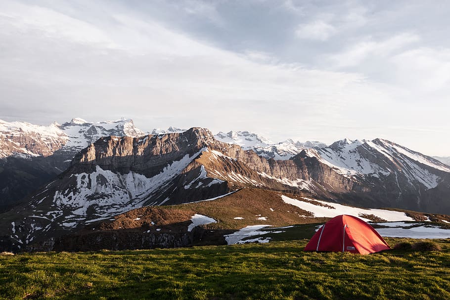 mountain, snow, winter, cold, green, grass, tent, adventure HD wallpaper
