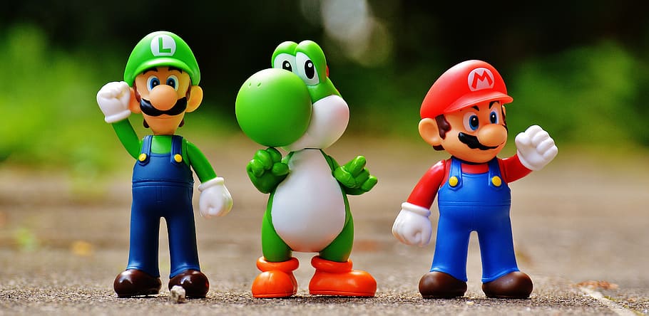 Focus Photo of Super Mario, Luigi, and Yoshi Figurines, action figures, HD wallpaper
