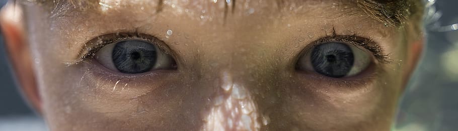 boy's blue eyes, skin, person, face, human, mouth, lip, wet, summer HD wallpaper