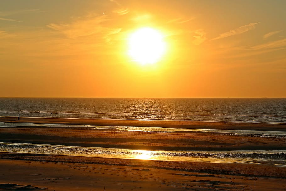 sunset, sea, shore, seashore, beach, nature, water, ocean, setting HD wallpaper