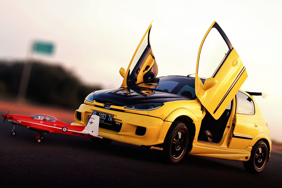 yellow, sports, car, plane, model, remote, controlled, peugeot