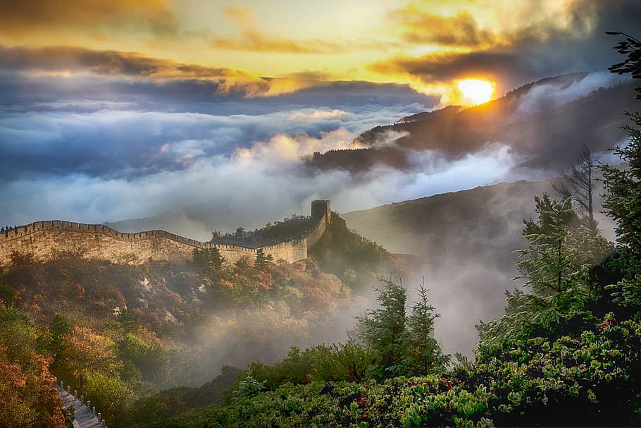 landscape, china, wall, sky, clouds, fog, sun, mountain, architecture HD wallpaper
