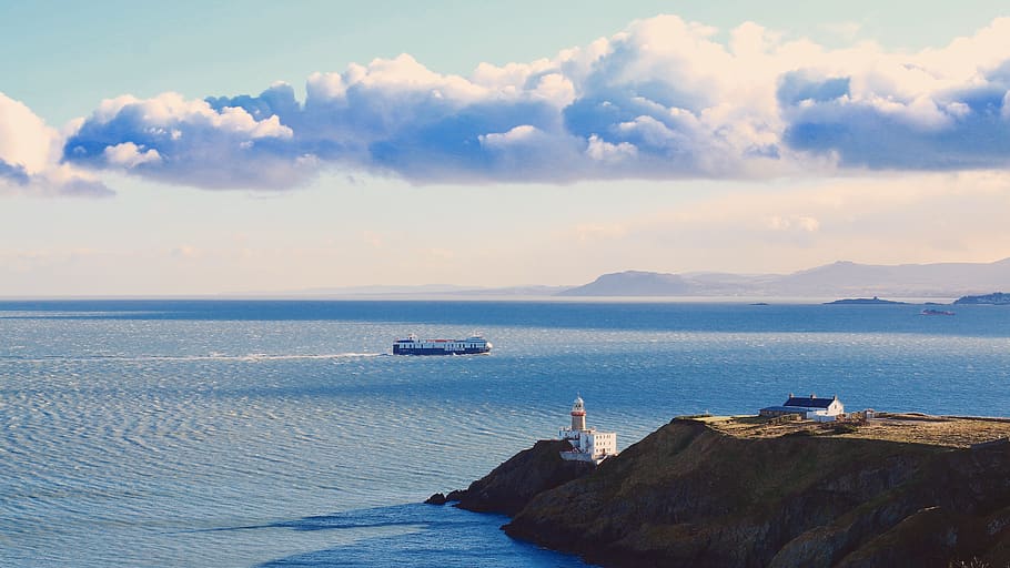 howth, ireland, dublin, lighthouse, sea, clouds, scenery, sky