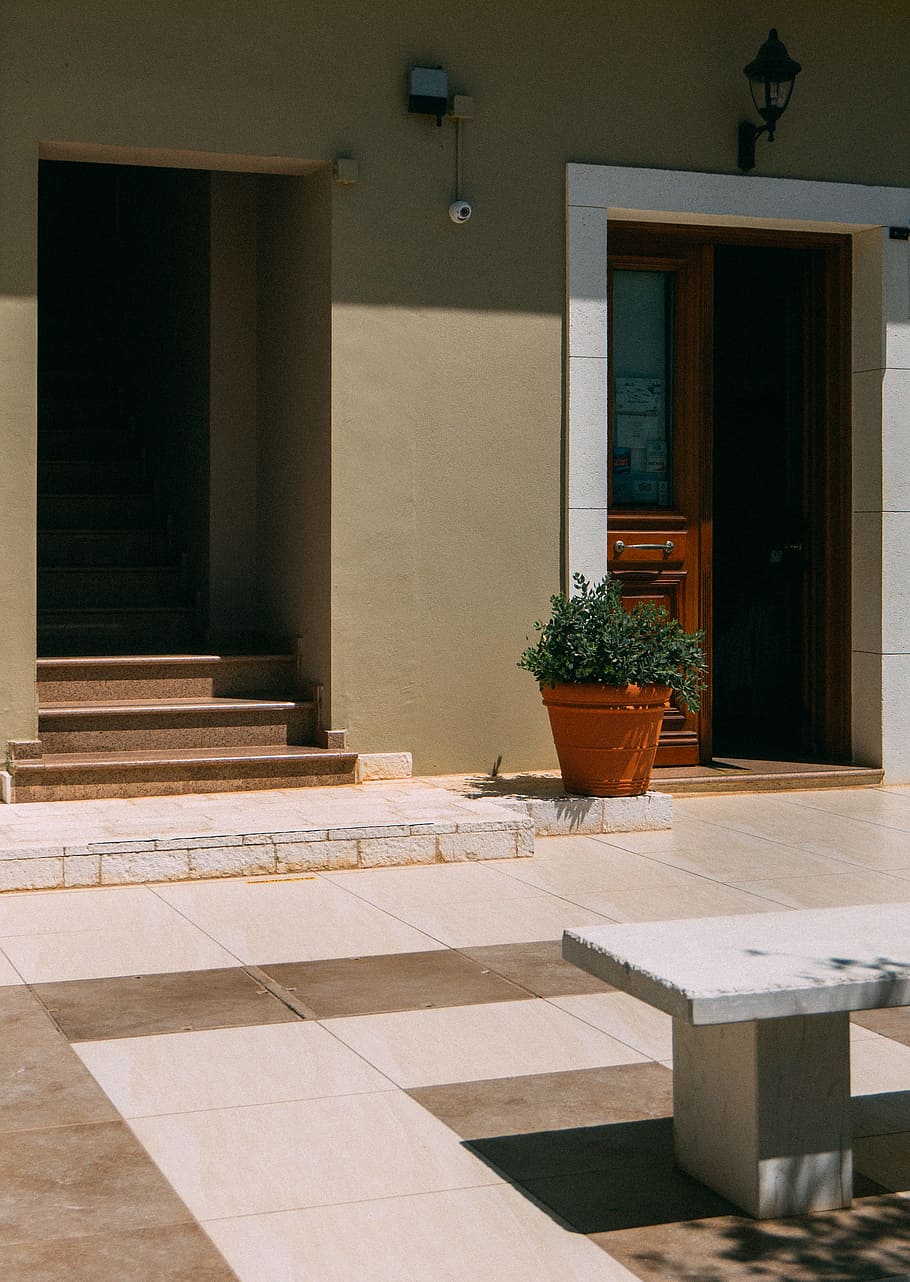 brown flower pot beside door on outdoors, tile, plaza, architecture HD wallpaper