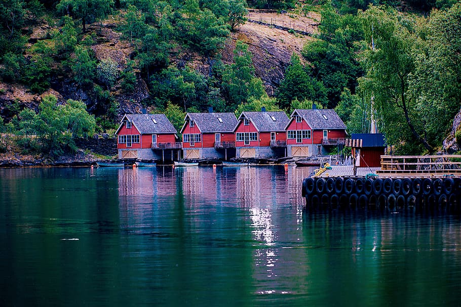 four red and grey house by the lake, flåm, norway, water, tree, HD wallpaper