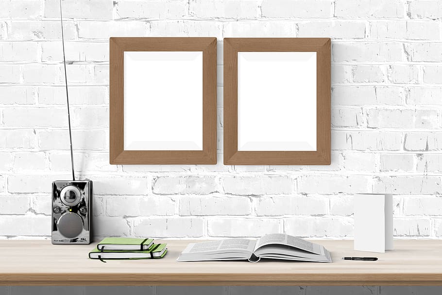 poster, frame, desk, books, radio, indoors, no people, brick wall HD wallpaper