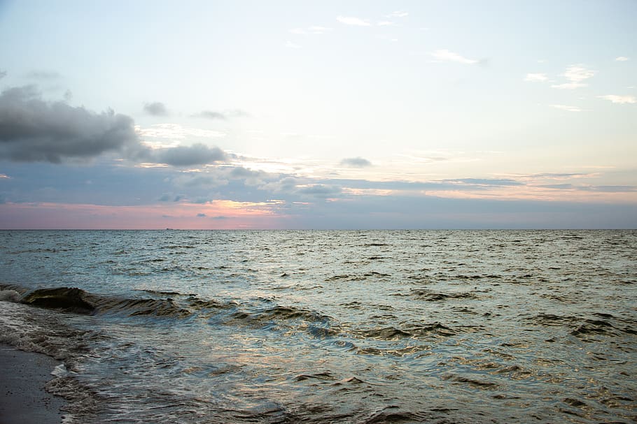 sea, beach, summer, sunset, dawn, clouds, sky, landscape, water HD wallpaper