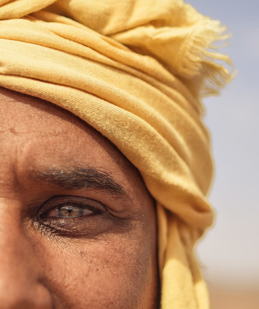 Man Wearing Yellow Turban, adult, beautiful eyes, beauty, close-up