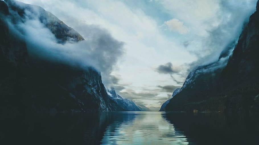 sea, inlet, mountain, clouds, low, calm, still, refelction HD wallpaper
