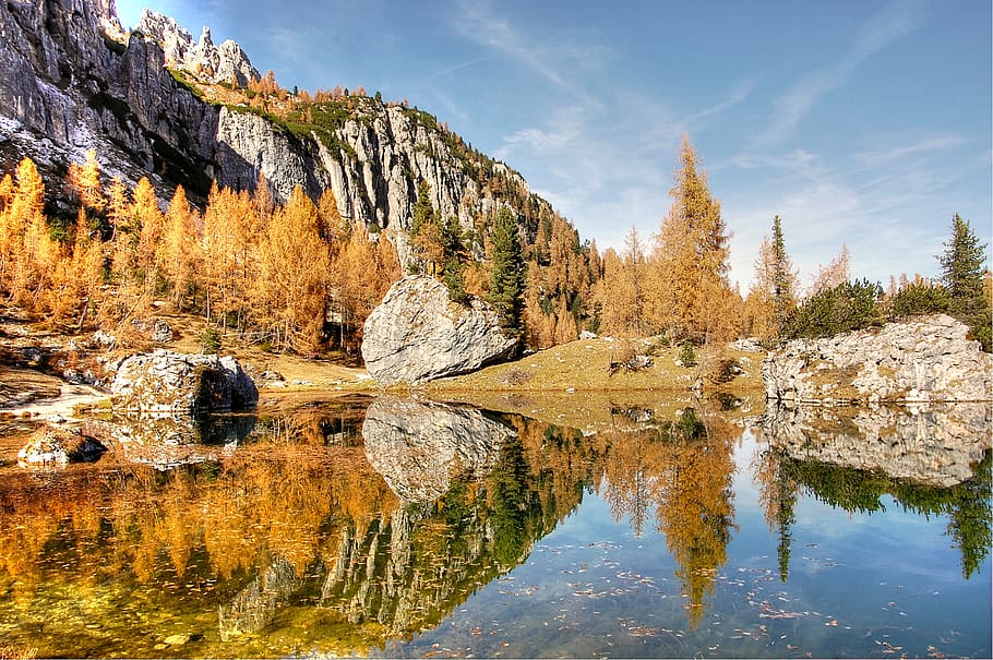 lago federa, dolomites, landscape, alpine, nature, lake, italy, HD wallpaper